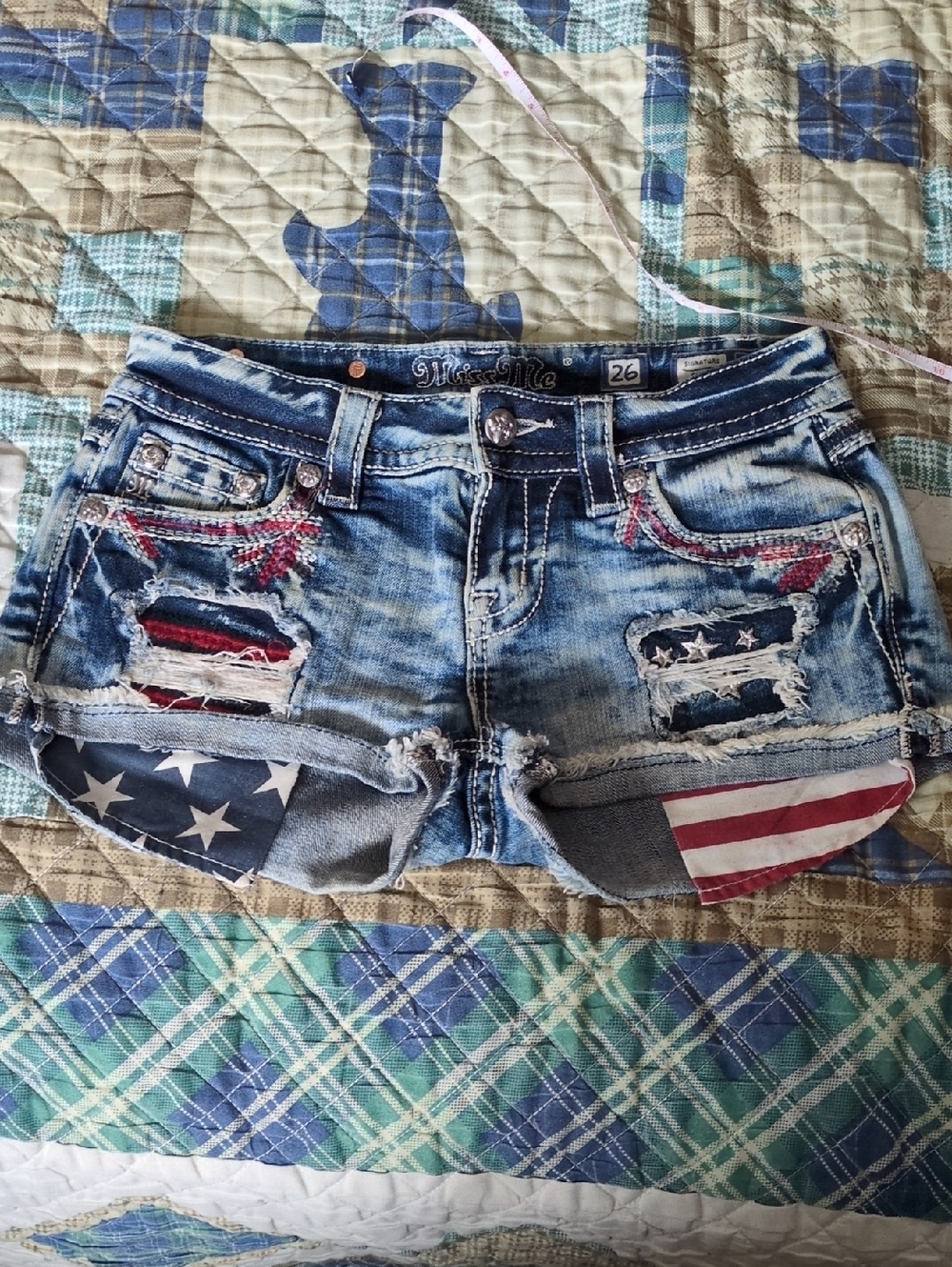 Miss Me Blue Denim Flag-Accent Distressed Shorts